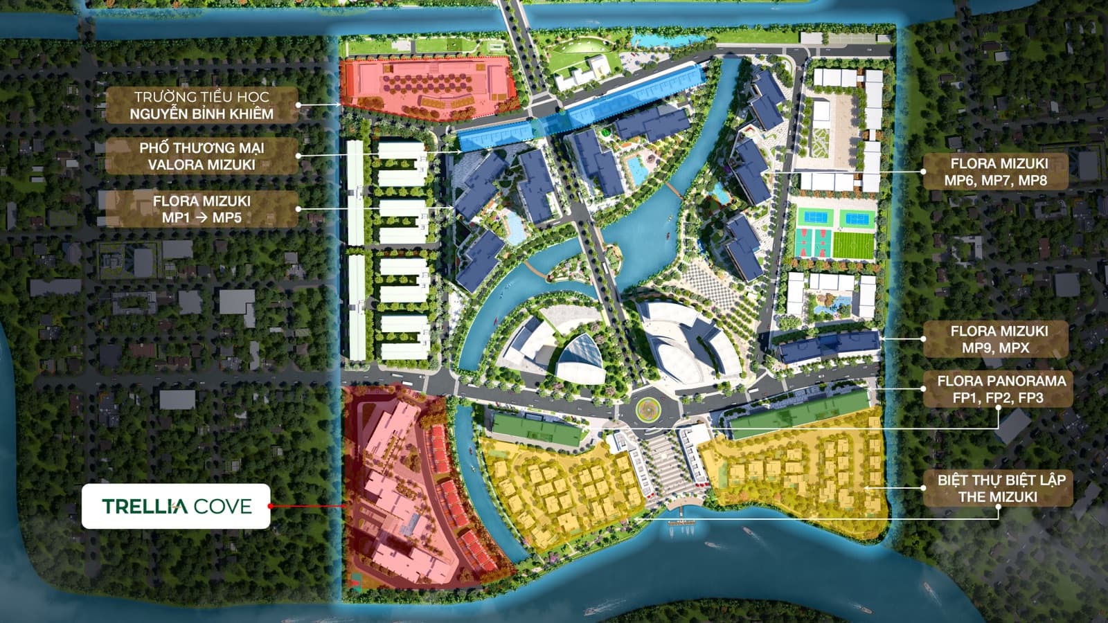Mặt bằng tổng thể Mizuki Park và vị trí Trellia Cove