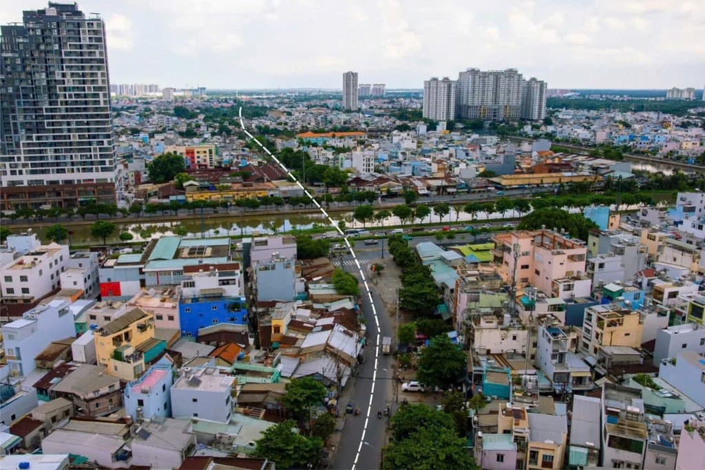 Ảnh flycam khu dân cư dọc hướng tuyến cầu đường Bình Tiên