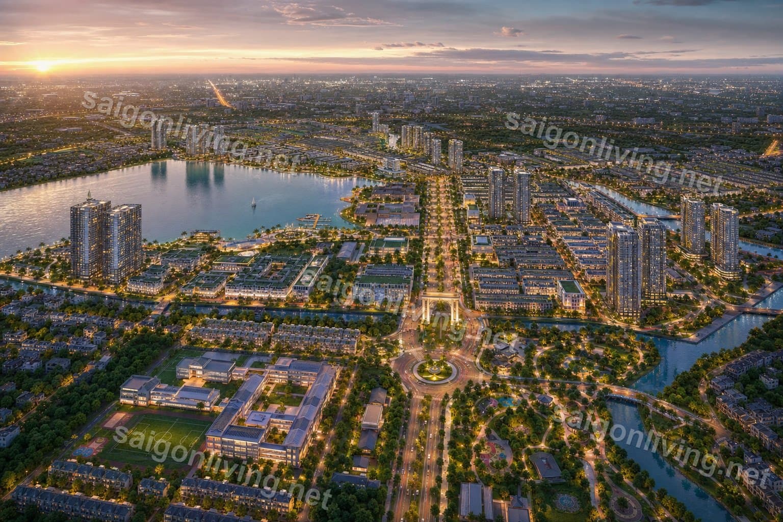 Hình ảnh minh hoạ đại đô thị Bình Chánh với hồ trung tâm công viên và trục đại lộ